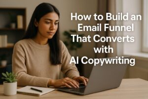A confident African-American woman sits at a minimalist desk with a laptop and coffee, smiling as she works on her blog's email funnel. The image features the title: "How to Build an Email Funnel That Converts with AI Copywriting" overlaid in bold text.