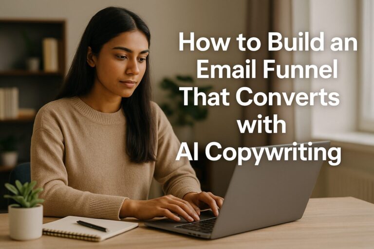 A confident African-American woman sits at a minimalist desk with a laptop and coffee, smiling as she works on her blog's email funnel. The image features the title: "How to Build an Email Funnel That Converts with AI Copywriting" overlaid in bold text.