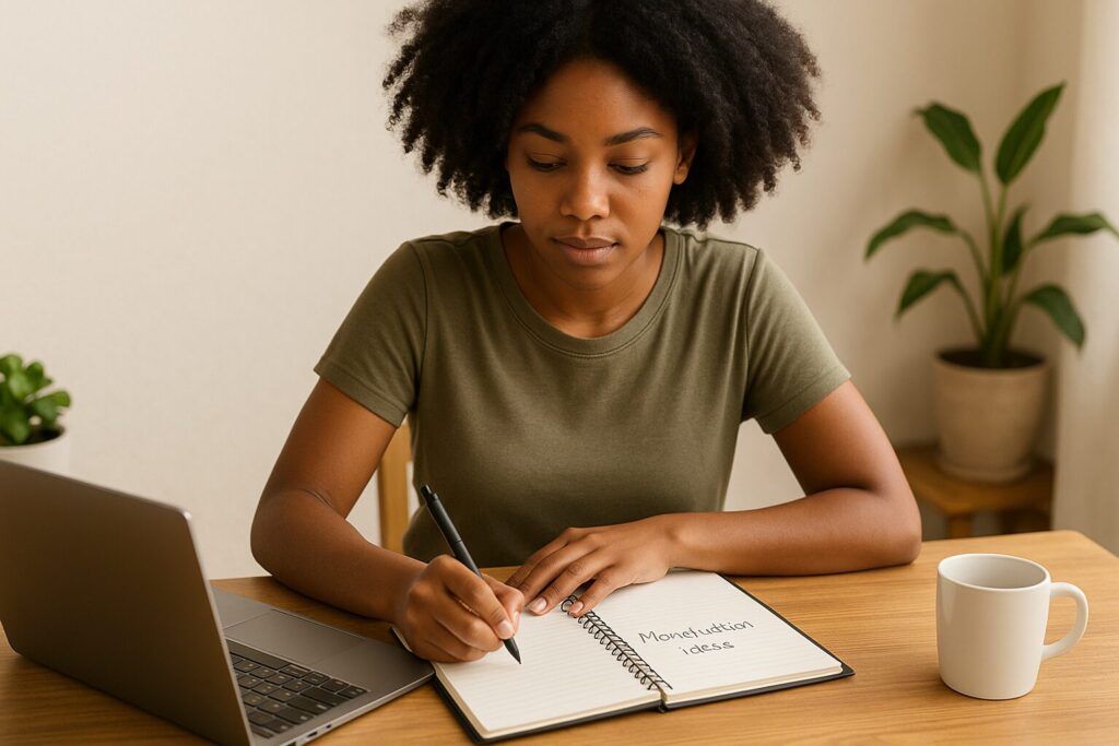 An African American woman in a bright workspace reviews financial documents and blogging plans, preparing for her blog’s first monetized product launch.