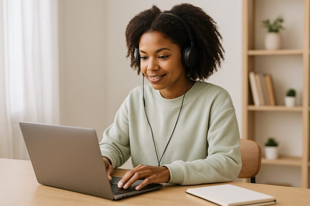 A young African-American woman wearing headphones and typing a blog post on a laptop in a bright room.
