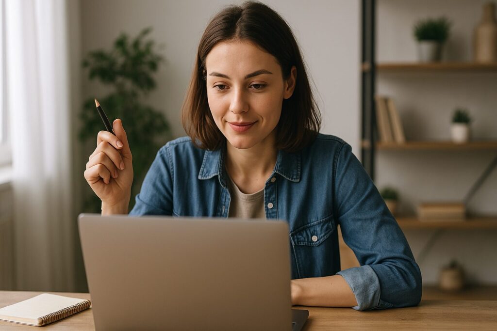 A young Caucasian woman with shoulder-length hair sits at a wooden desk, holding a pen while researching blog topics on her laptop in a cozy, modern workspace.