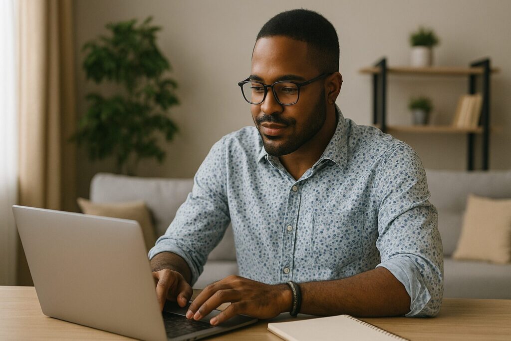 A young African American man wearing glasses types on a laptop at home, seated at a wooden table with a notebook nearby and soft natural lighting in the background.