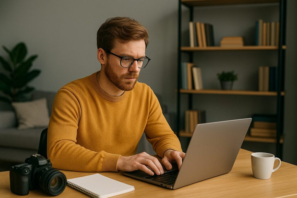 A young man with reddish-brown hair and glasses works on his laptop in a modern home office with shelves, a notebook, and a DSLR camera nearby.