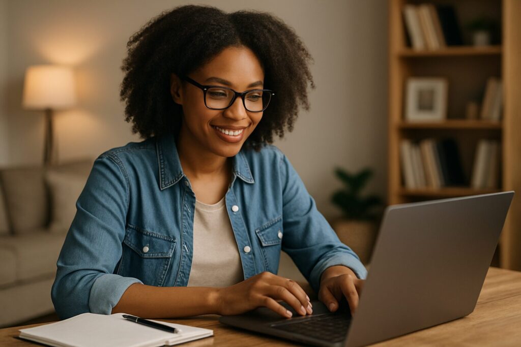 A young African American woman with natural hair and glasses types on her laptop at a wooden desk, with a notebook and bookshelves in the background.