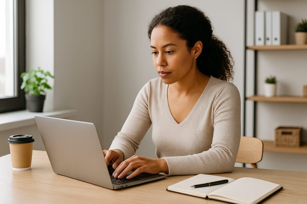 An African-American woman with curly hair types on a laptop in a home office, working on her automated email sequence.
