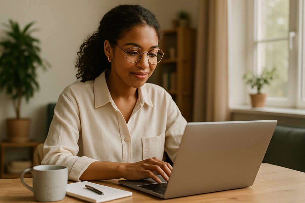 A young Indian woman with coffee and typing on a laptop at a stylish wooden table.