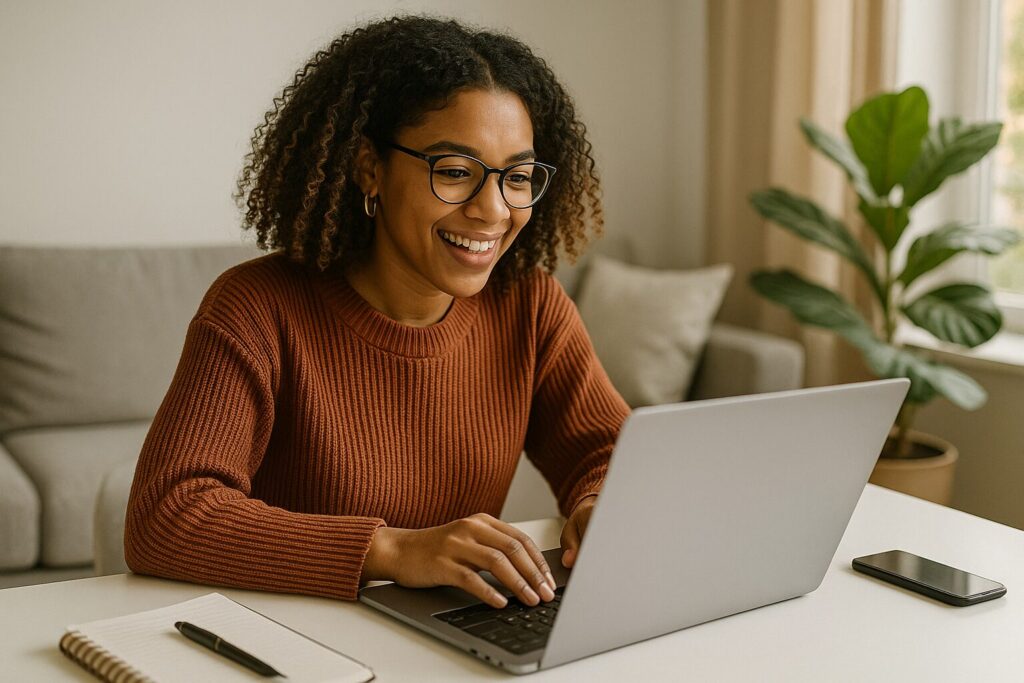 A young African American woman in a modern home office smiling while working on her blog on a laptop.