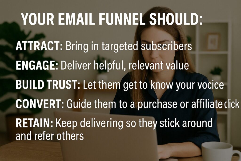 A digital graphic showing a checklist-style layout for an email funnel with the five goals: Attract, Engage, Build Trust, Convert, and Retain.