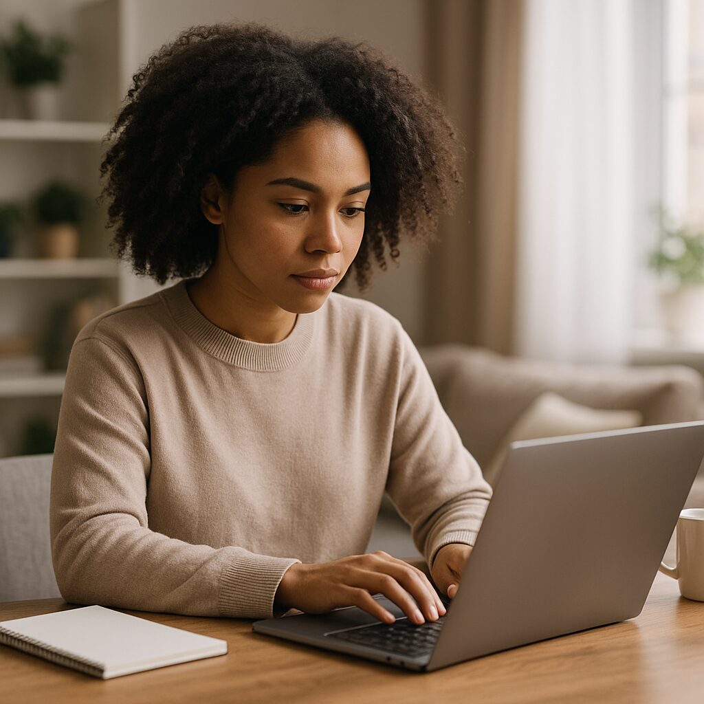 A young African-American woman sits at her laptop, analyzing her email funnel strategy with a cup of coffee beside her in a bright, cozy workspace.