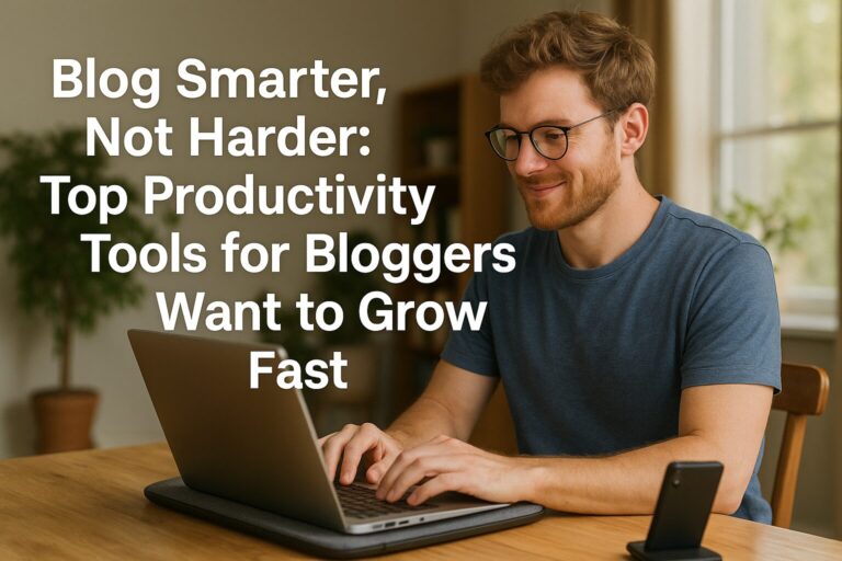 A young Caucasian man focused on a laptop, surrounded by notebooks and tech gear, with the blog title overlaid.
