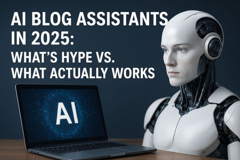 Featured image showing a humanoid AI robot with a laptop displaying AI text for the article 'AI Blog Assistants in 2025: What's Hype vs. What Actually Works'