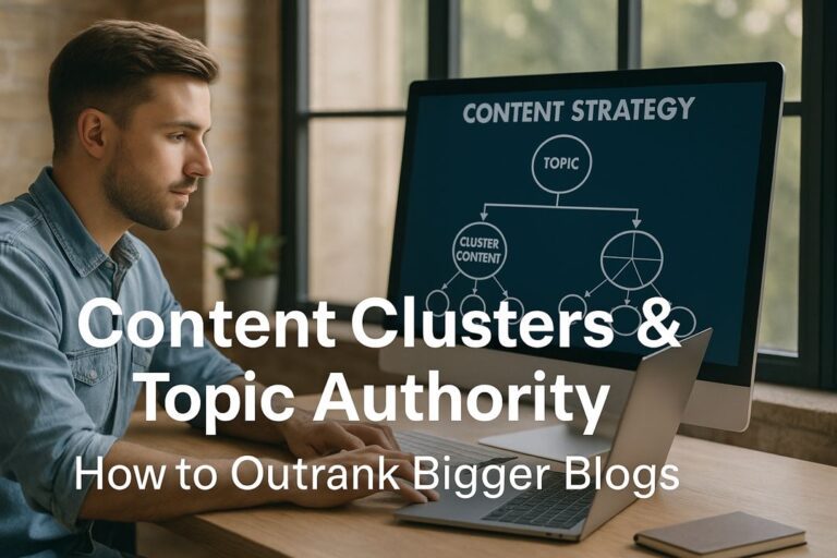 A blogger at a desk working on a content strategy flowchart with the article title overlay.