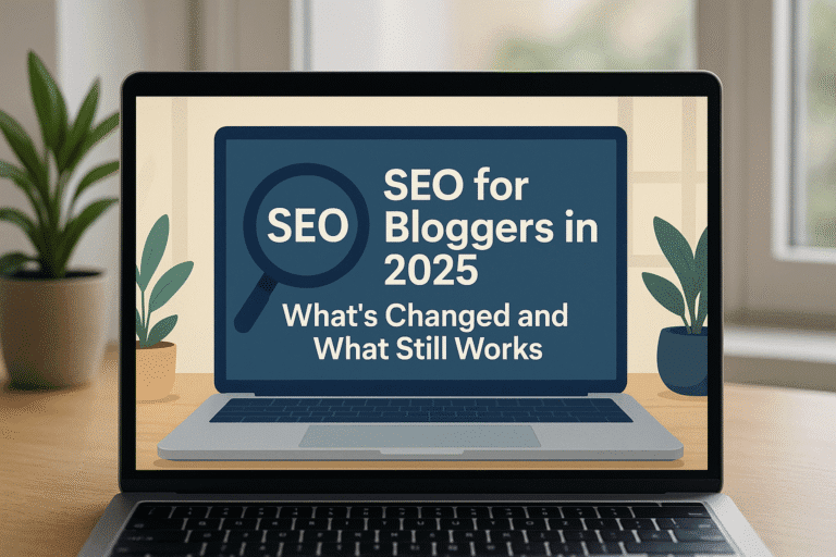 A digital laptop screen displays the title "SEO for Bloggers in 2025: What’s Changed and What Still Works" with a magnifying glass icon, surrounded by indoor plants and soft natural light.