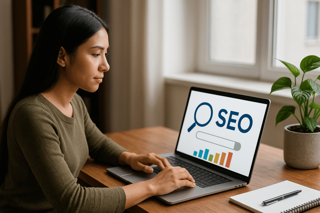 A young woman in an olive sweater types on her laptop showing an SEO dashboard, seated at a wooden desk with a notebook and potted plant beside her.
