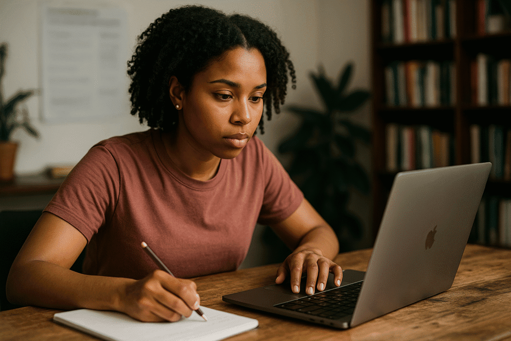 A young African American woman sits at a wooden desk, writing notes while working on her laptop in a warm home office surrounded by books and plants.