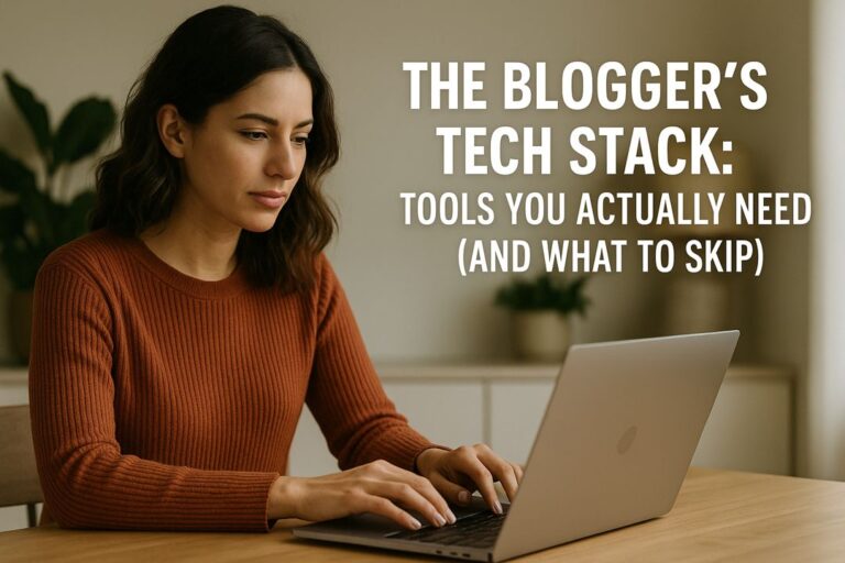 Featured blog header image with the title “The Blogger’s Tech Stack: Tools You Actually Need (and What to Skip)” in bold overlay text.