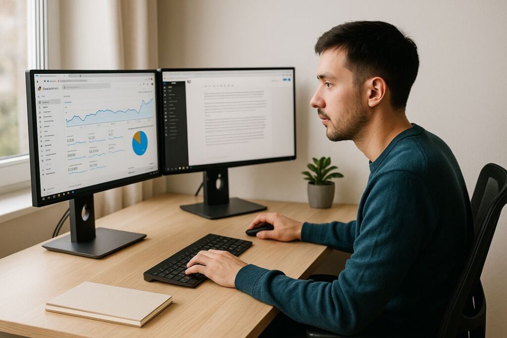 Light-skinned male blogger in a home office checking Google Analytics and SEO results across dual monitors.
