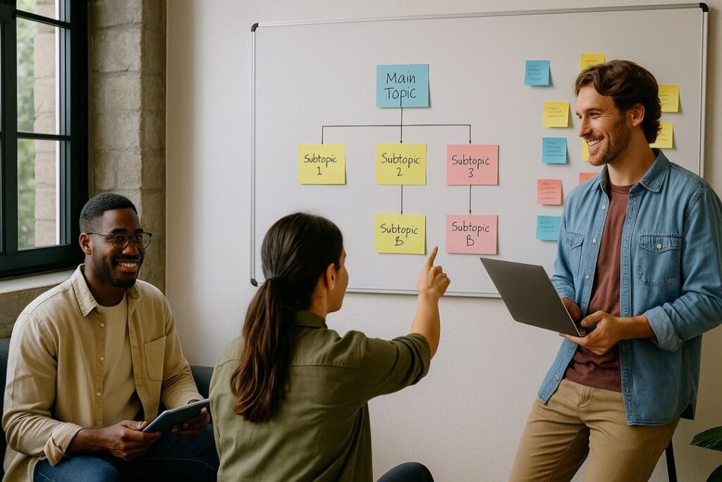 Three coworkers collaborate on a cluster strategy with sticky notes on a whiteboard.