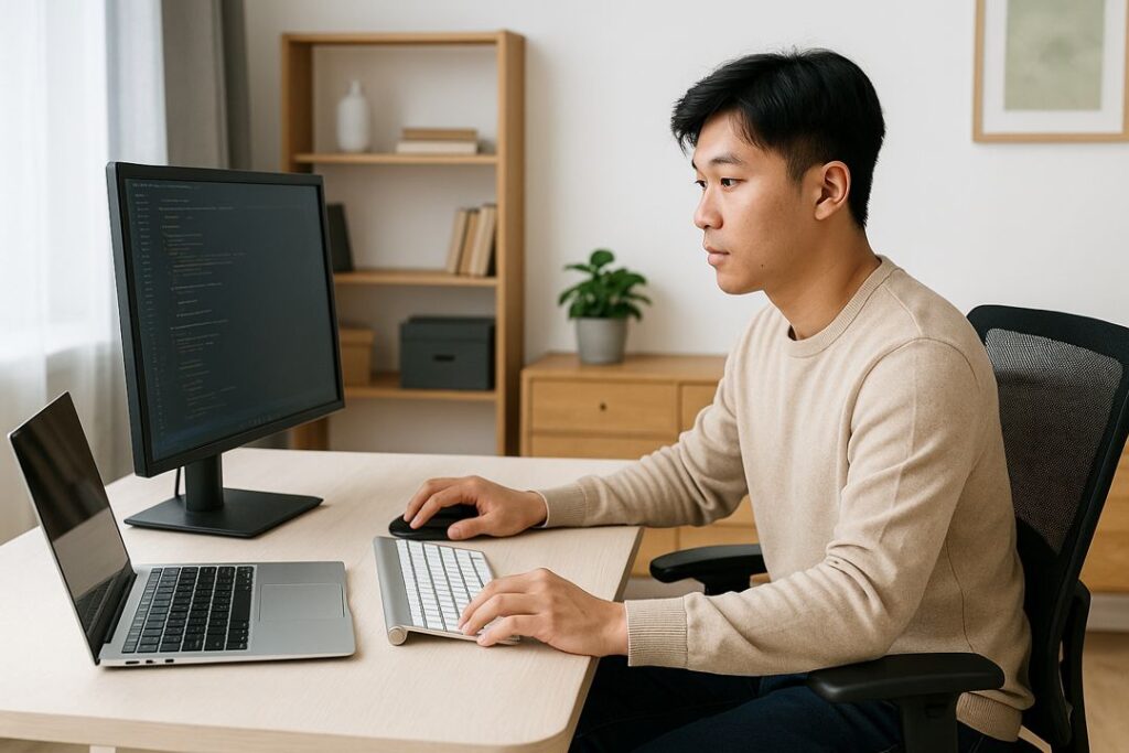 : Young Asian man adjusting his blogging workspace with laptop and dual monitors in a home office.