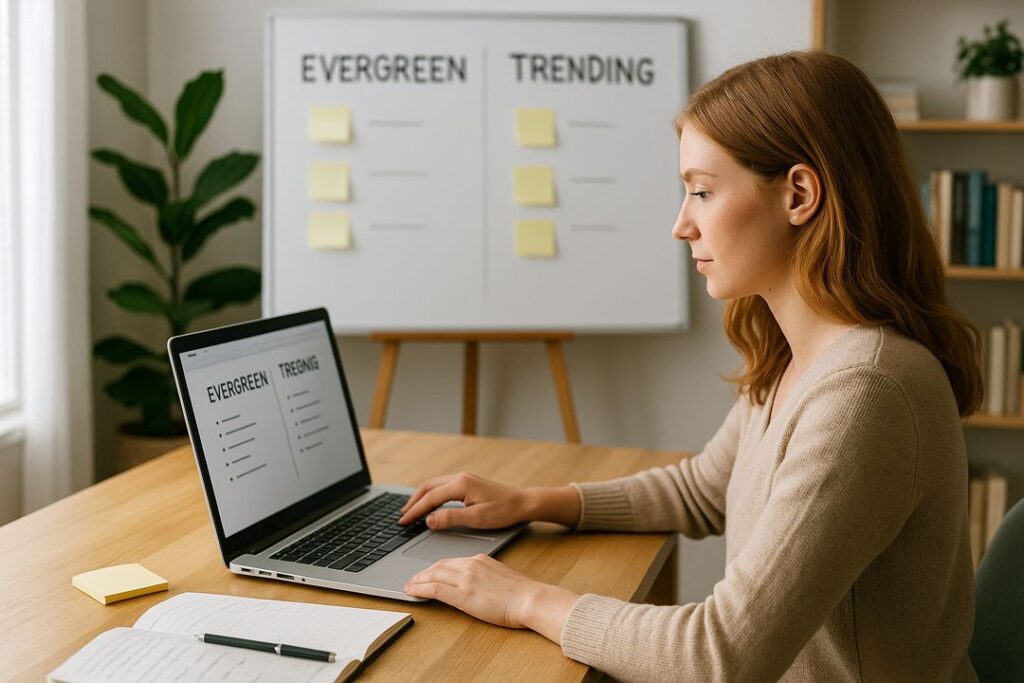 Woman reviewing blog strategy for evergreen and trending posts on laptop