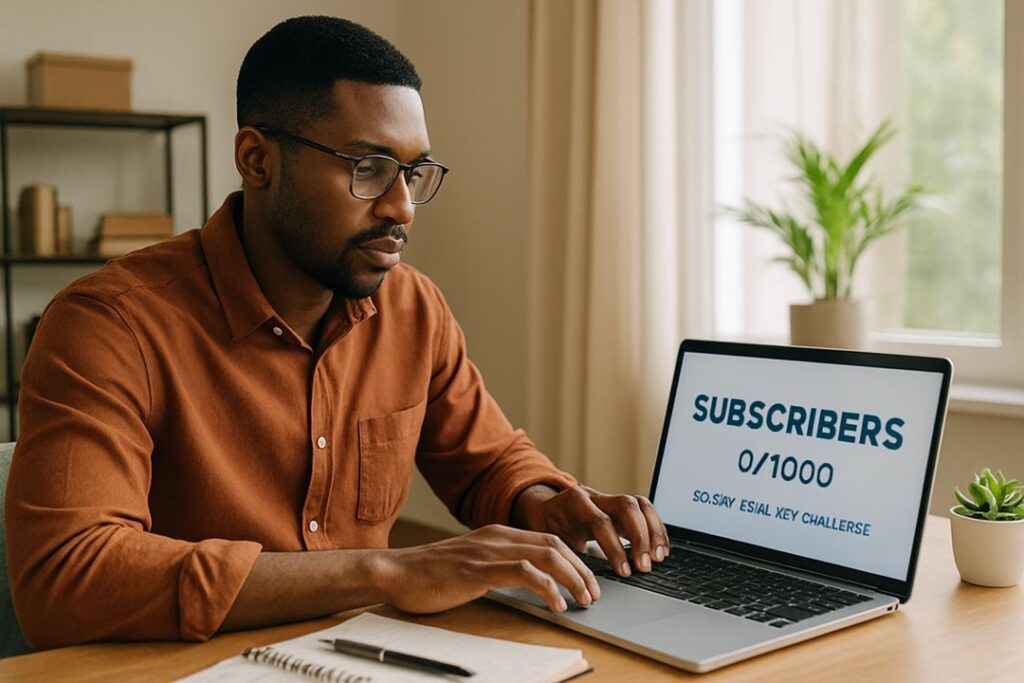 An African American man in glasses and a rust-colored shirt works on his laptop showing a subscriber challenge screen