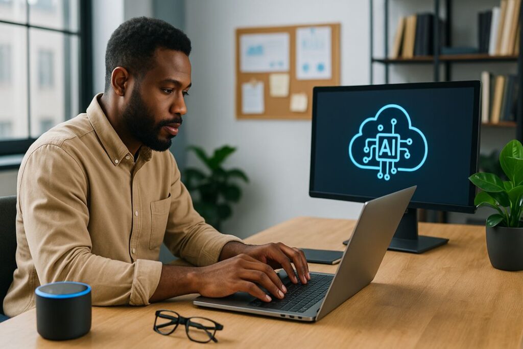 An African American man in a tan shirt works on his laptop with a monitor displaying an AI cloud computing icon