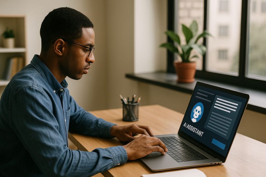A young African American man in a denim shirt works on his laptop with an AI assistant interface displayed on the screen