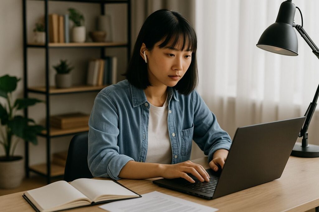 A young Asian woman sits at a desk working on her laptop, using AI tools for blogging in a bright home office