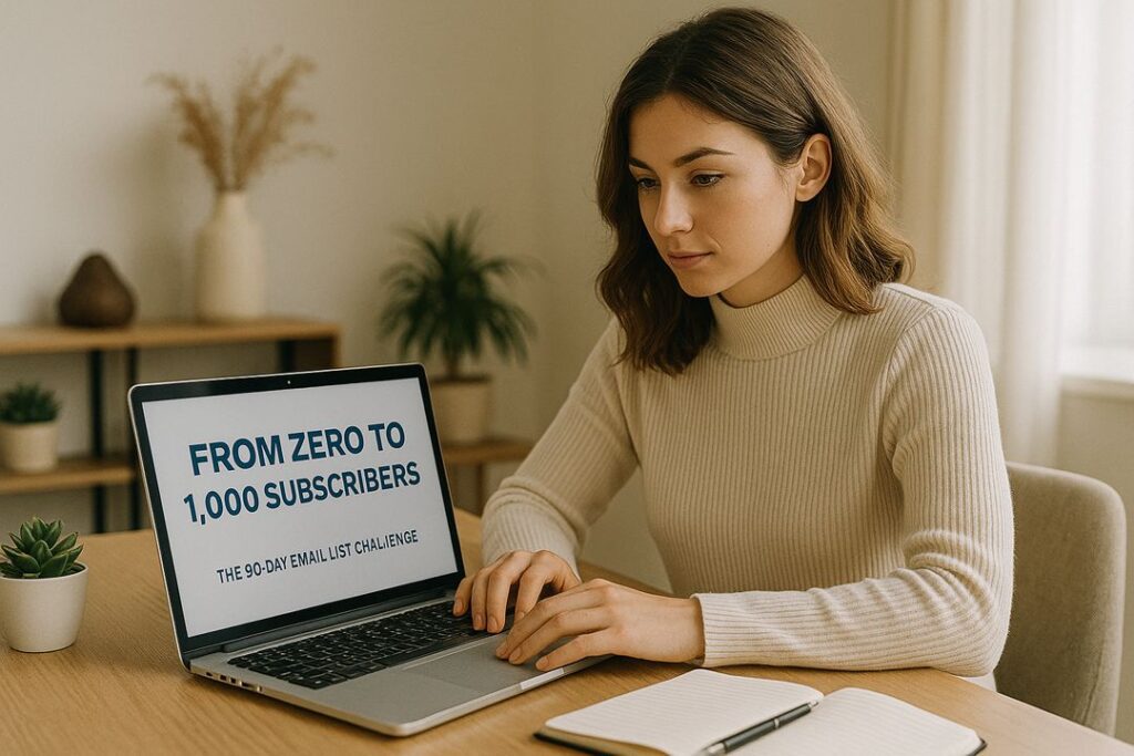 A Caucasian woman in a cream-colored sweater types on her laptop with 'From Zero to 1,000 Subscribers' displayed on the screen