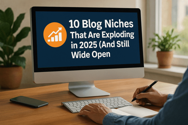 A computer screen displays the blog title “10 Blog Niches That Are Exploding in 2025 (And Still Wide Open)” beside a growth icon, set on a tidy desk with plants and natural light.
