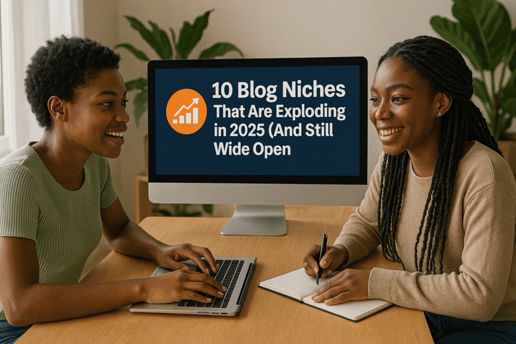 Two smiling African-American women collaborate at a desk with a blog niche planning session on screen.