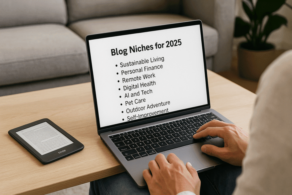 A person researches 2025 blog niches on a laptop while seated at a table next to an e-reader in a minimalist living space.