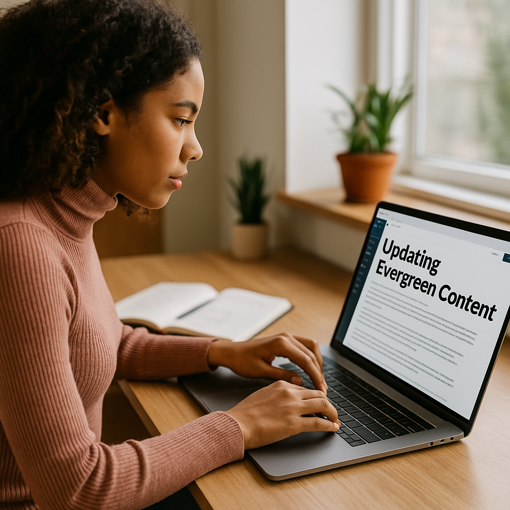 Woman updating evergreen content to keep blog traffic steady year-round