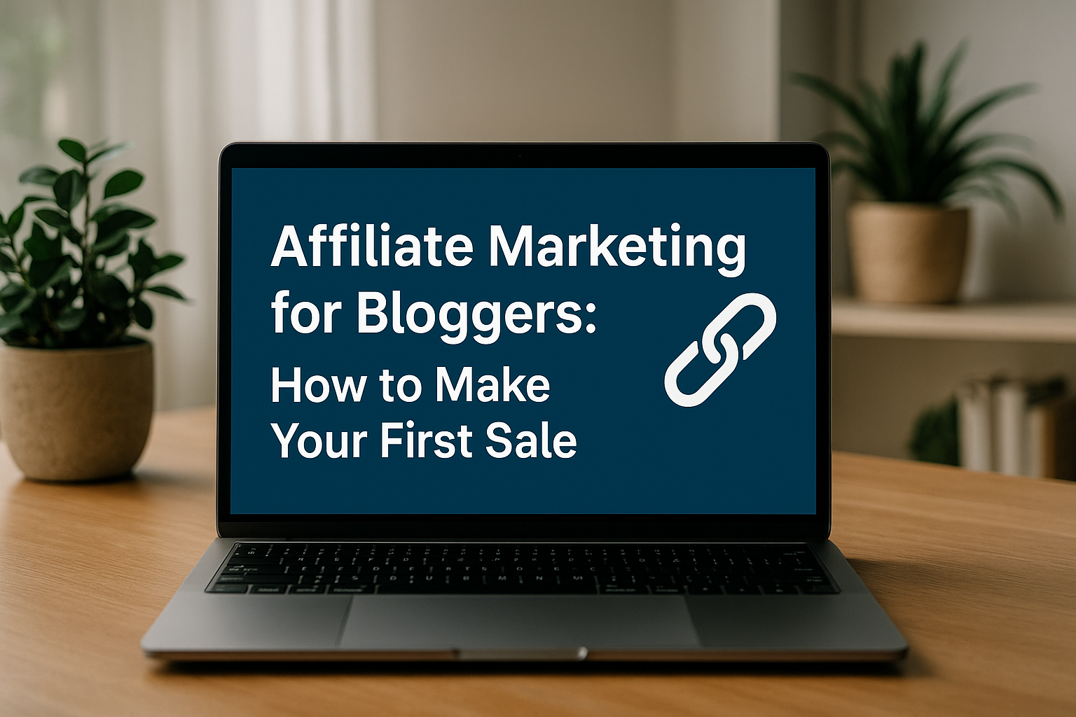 A laptop screen displays the blog title "Affiliate Marketing for Bloggers: How to Make Your First Sale" in a bright home office setting with warm lighting and coffee mug.