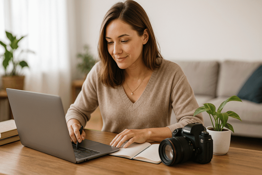 A Caucasian woman in a cozy sweater types affiliate links into her blog post while seated at a wooden desk with natural light
