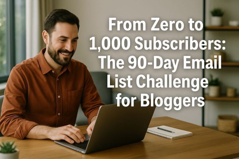 Featured image of a Caucasian man working on a laptop with article title overlay 'From Zero to 1,000 Subscribers: The 90-Day Email List Challenge for Bloggers'