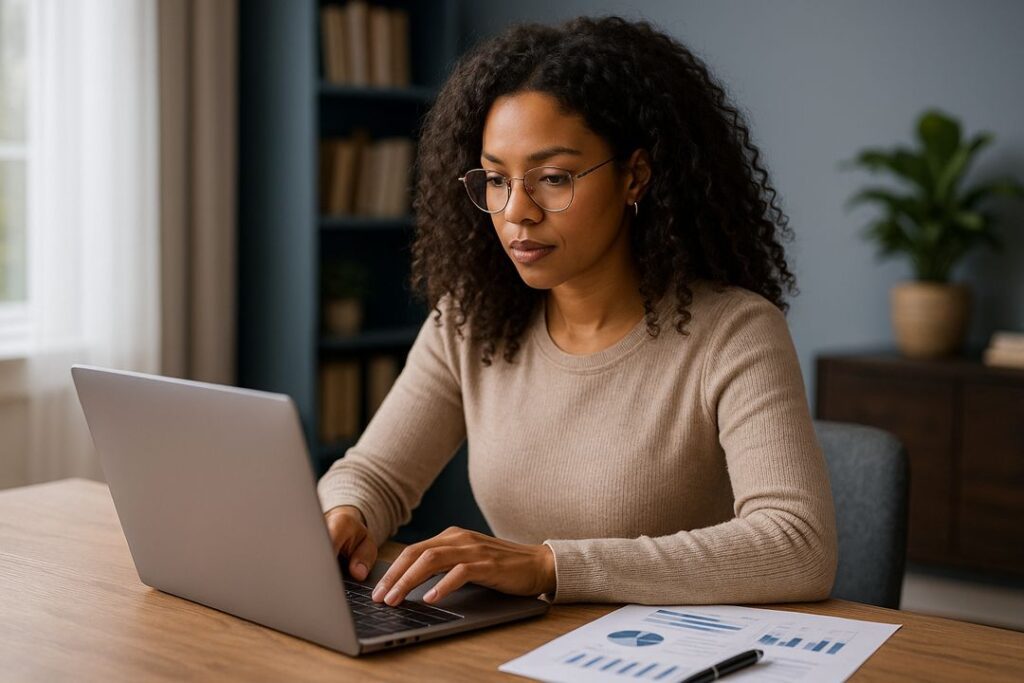 A young African American woman smiling while working on her laptop in a bright, modern home office.