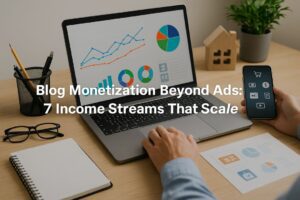 A modern workspace with a laptop, coffee mug, and notes representing multiple blog monetization strategies, serving as the featured image for 'Blog Monetization Beyond Ads: 7 Income Streams That Scale