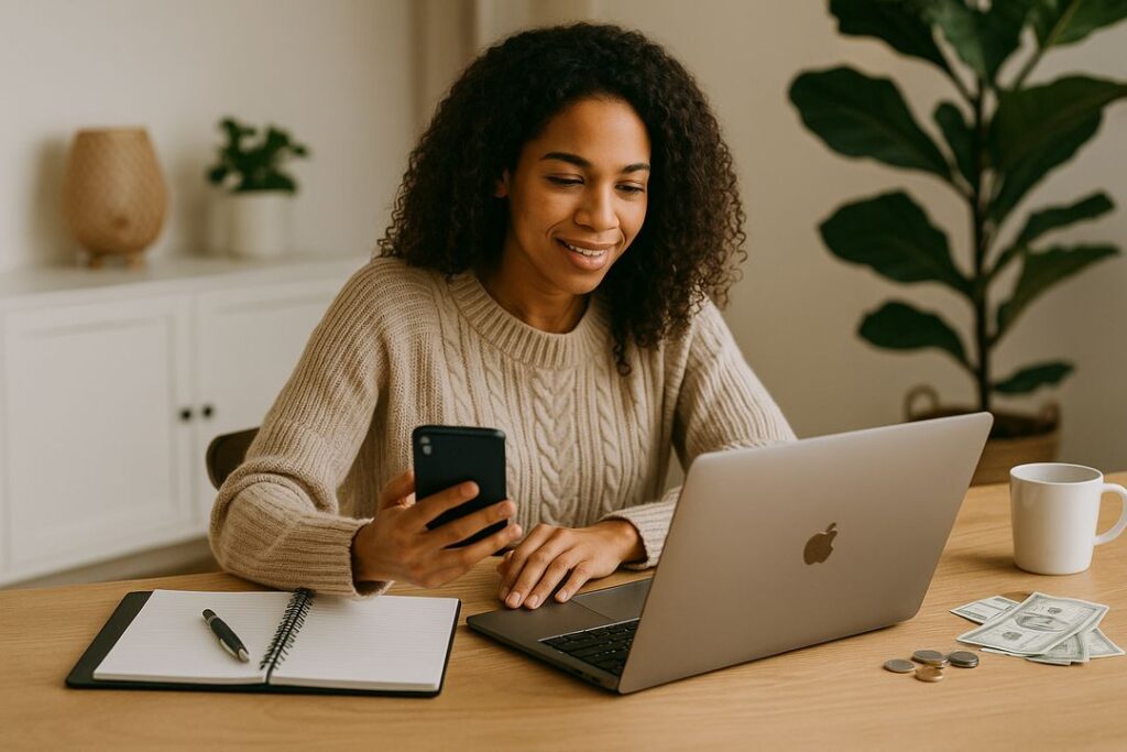 A woman smiling while working on her laptop in a bright home office.