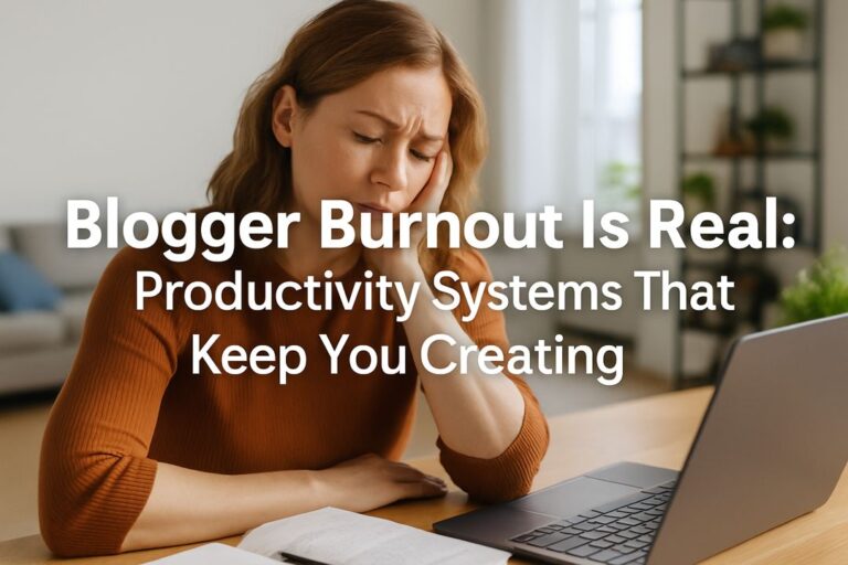 Featured image showing a woman at her laptop with overlay text reading “Blogger Burnout Is Real: Productivity Systems That Keep You Creating.”