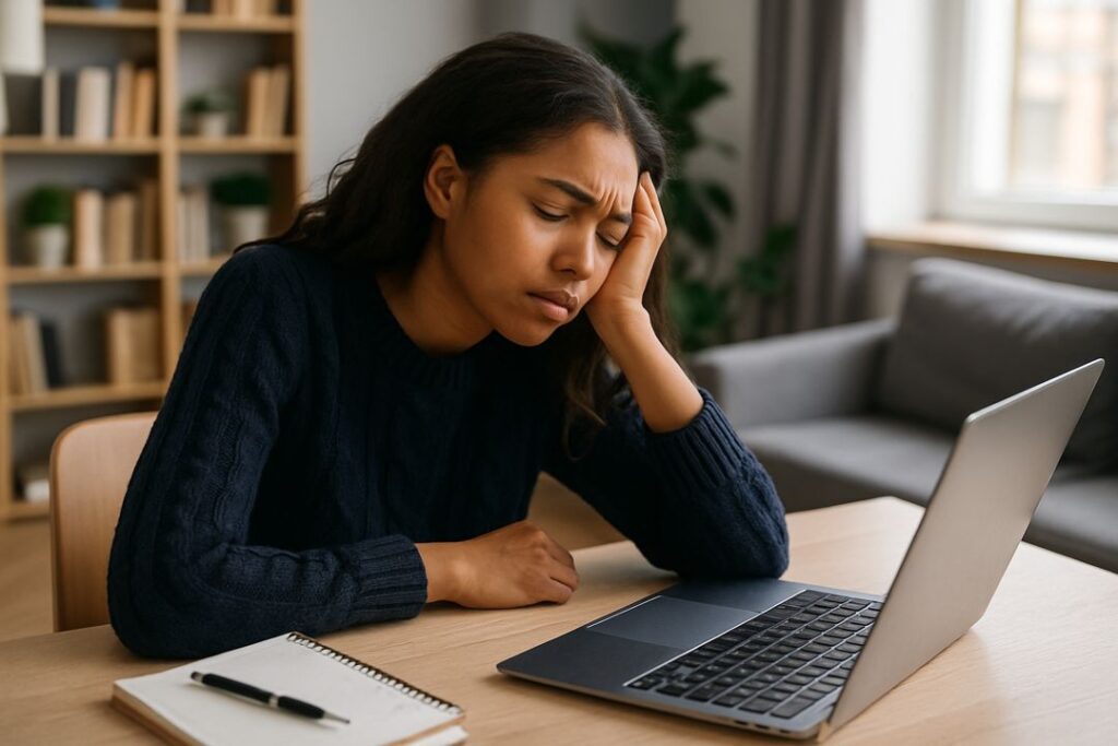 African American woman looking tired while working on her laptop, holding a mug in a home office setting.