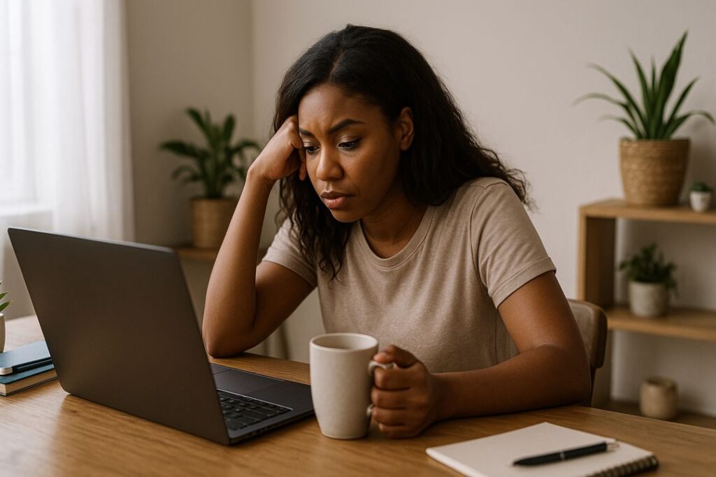 African American woman in a dark sweater resting her head in her hand, appearing stressed while working at a laptop.
