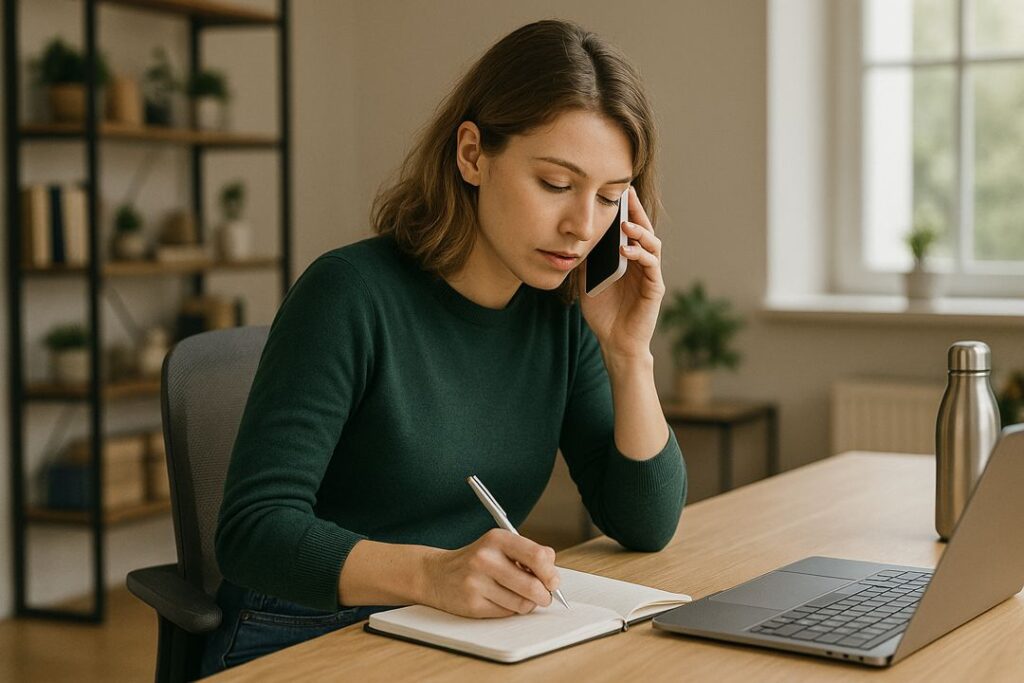 Caucasian woman working at a desk, writing in a notebook while talking on the phone with a laptop open.