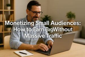 Bearded man working on laptop at desk with overlay text reading “Monetizing Small Audiences: How to Earn Big Without Massive Traffic.