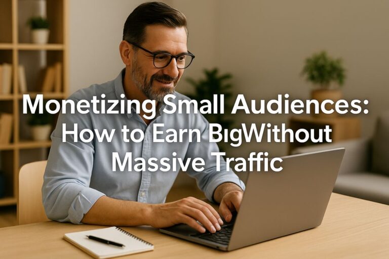 Bearded man working on laptop at desk with overlay text reading “Monetizing Small Audiences: How to Earn Big Without Massive Traffic.