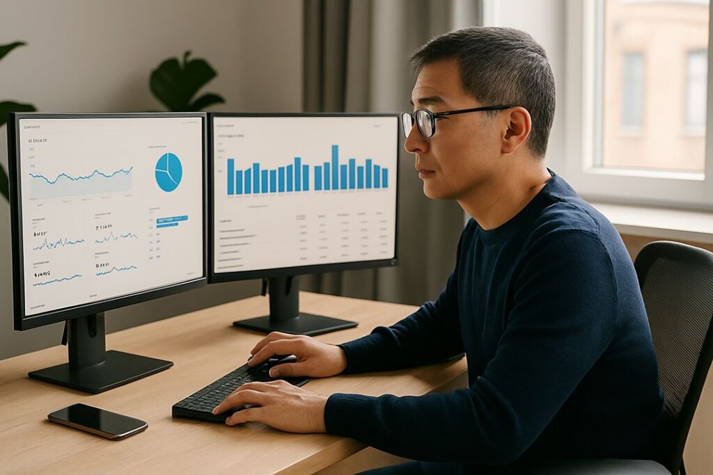 Middle-aged Asian man in glasses working at a desk with dual monitors displaying charts and graphs.