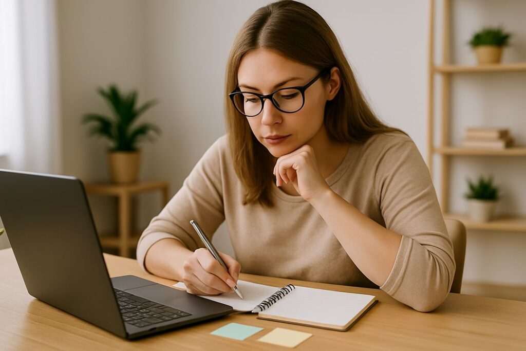 Young Caucasian woman with glasses brainstorming blog content in a notebook while working beside her laptop.
