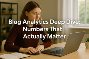Young woman sitting at a desk with a laptop, with overlay text reading “Blog Analytics Deep Dive: Numbers That Actually Matter.”