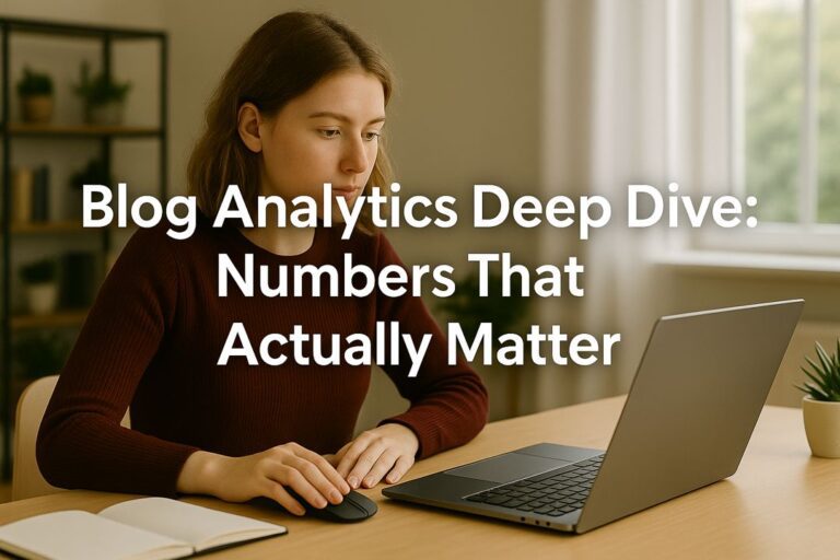 Young woman sitting at a desk with a laptop, with overlay text reading “Blog Analytics Deep Dive: Numbers That Actually Matter.”