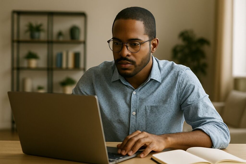 African American man in glasses focused on his laptop with a notebook beside him, reviewing blog analytics.